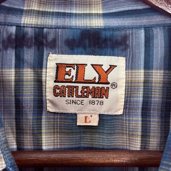 Vintage Ely Cattleman Pearl Snap Western Shirt Blue Tan Plaid Mens Large Cowboy - Picture 5 of 5